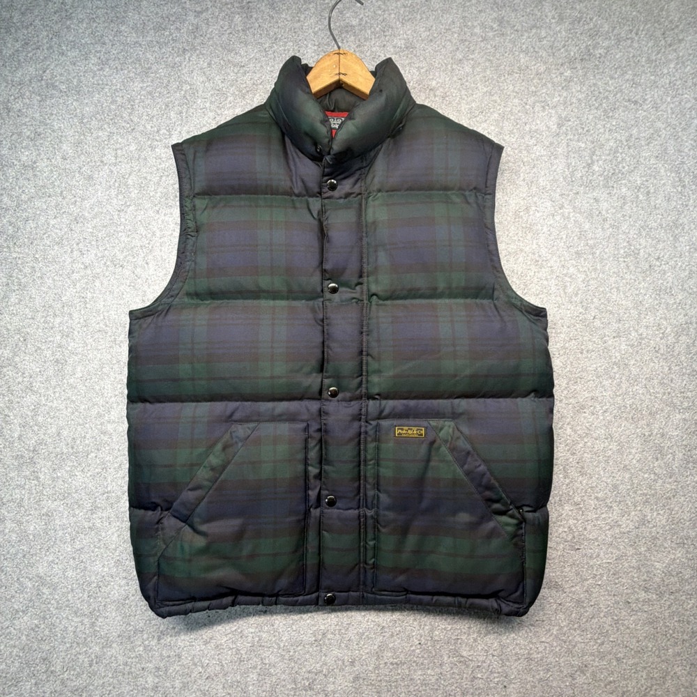 Vintage Polo Ralph Lauren Goose Down Puffer Vest Mens L BlackWatch Plaid